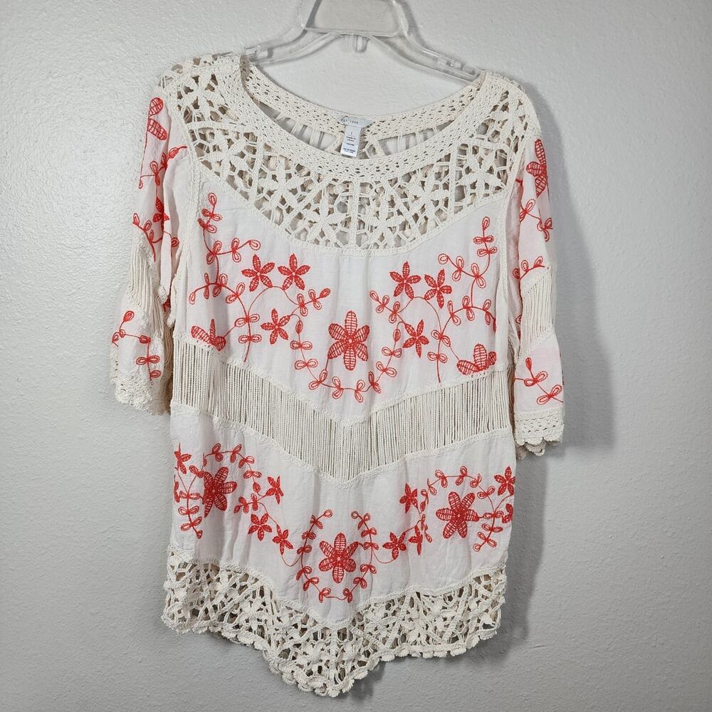 Crochet Embroidered Top Lace Peasant Blouse Cream Orange Women's Size L Boho